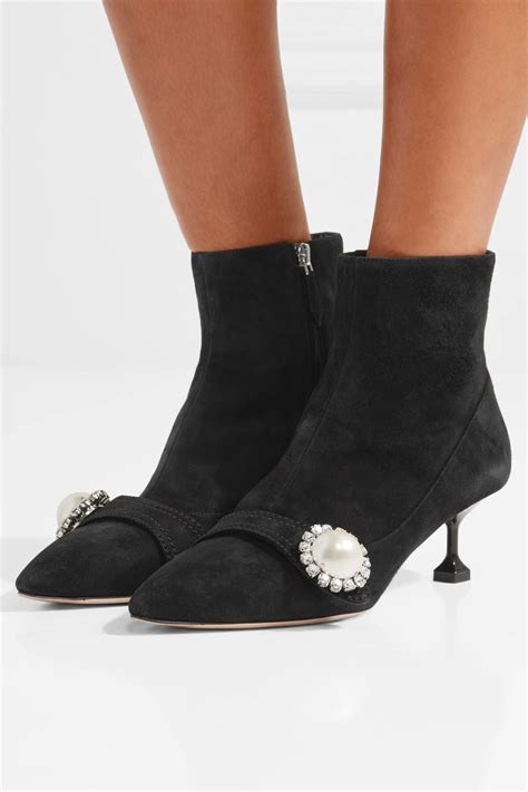 Miu Miu Faux Pearl Accents Suede Boots 